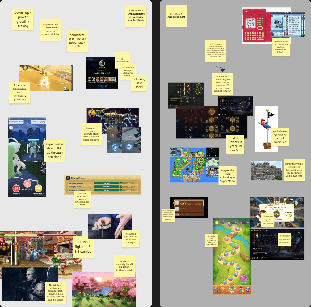Workshop board with two columns, Empowerment and Accomplishment, filled with sticky notes and game screenshots such as the Cyberpunk 2077 skill tree, the Super Mario World map and the Pokédex.