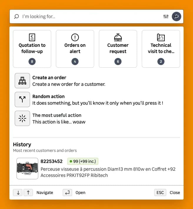 Unified search widget for in-store staff, with action shortcuts and recent history