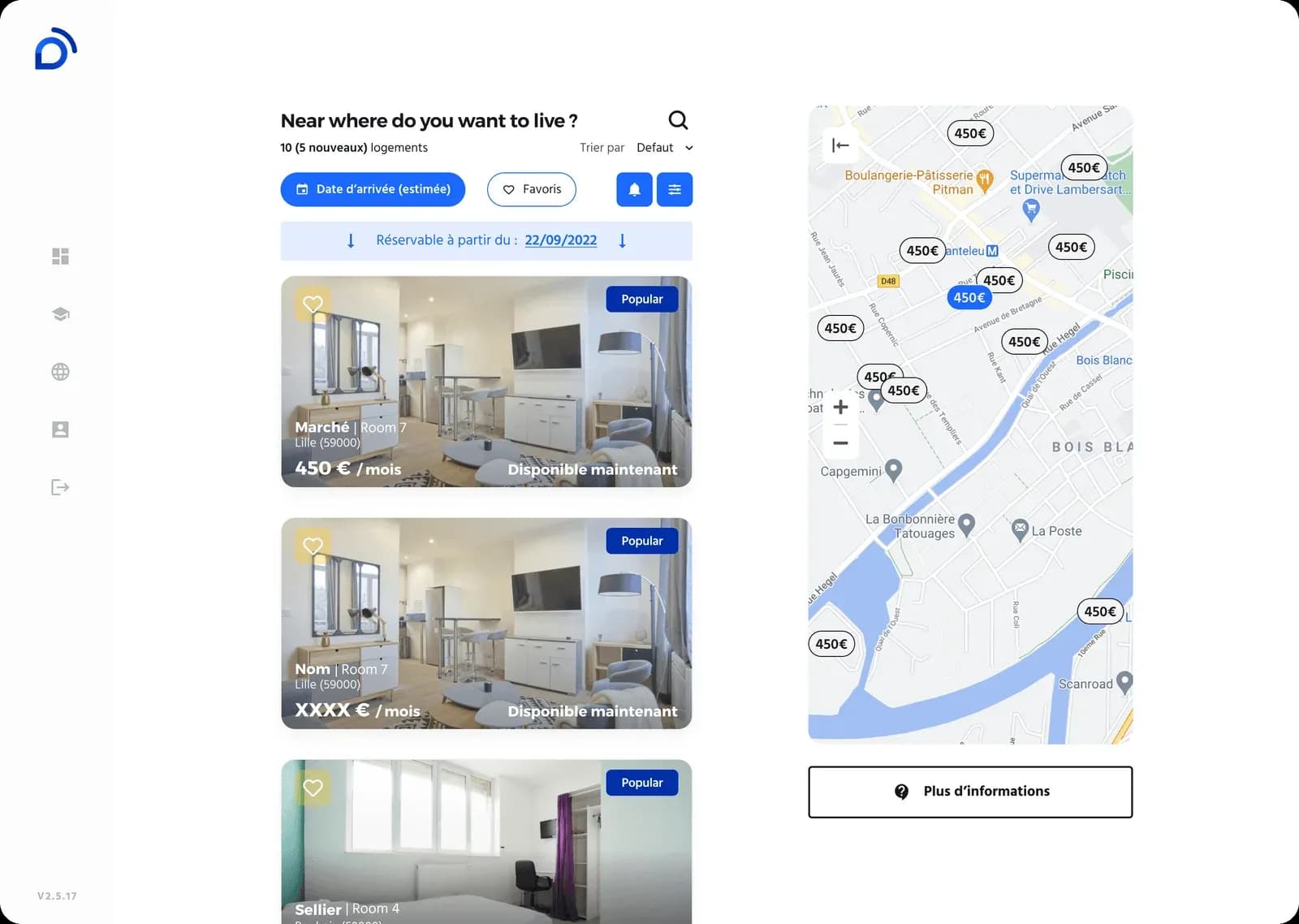 Listings page with interactive map, desktop