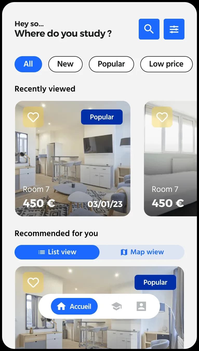 Listings page, mobile version
