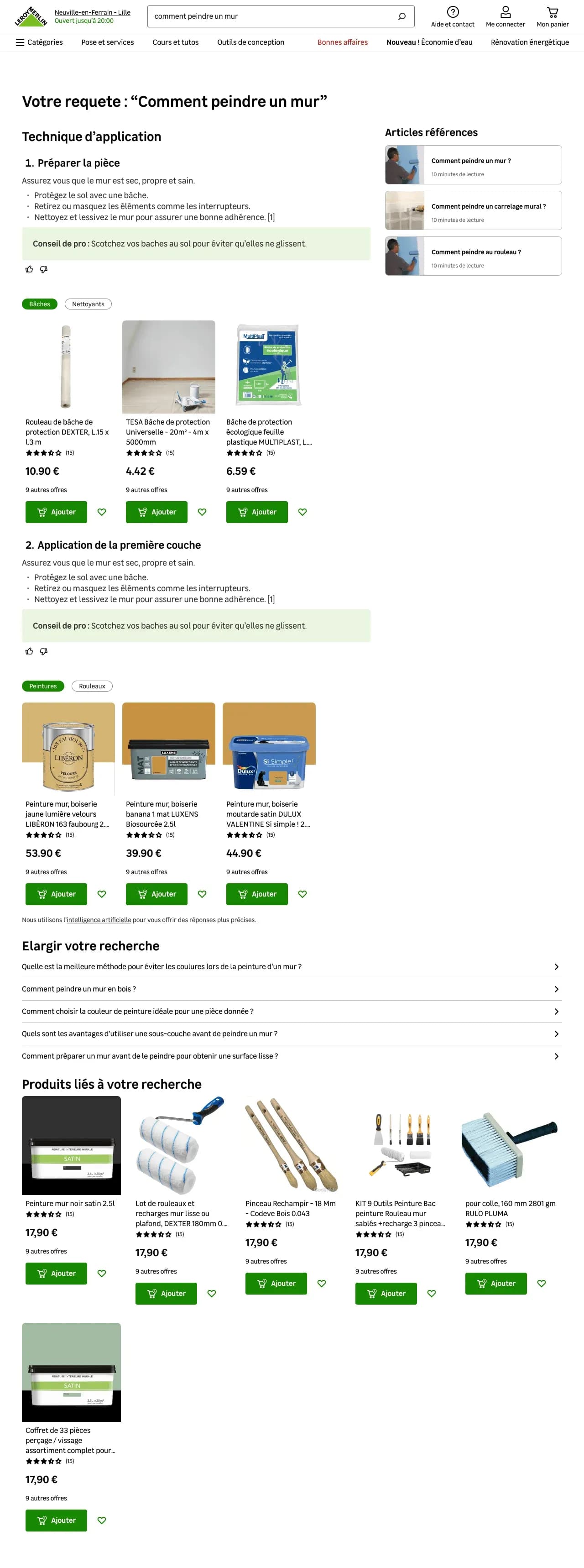 Leroy Merlin search results page for a natural-language DIY question, with editorial steps and matched products