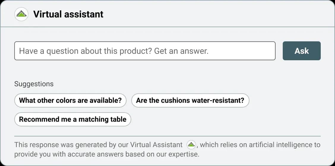 Virtual assistant widget with a question field and suggested follow-up questions