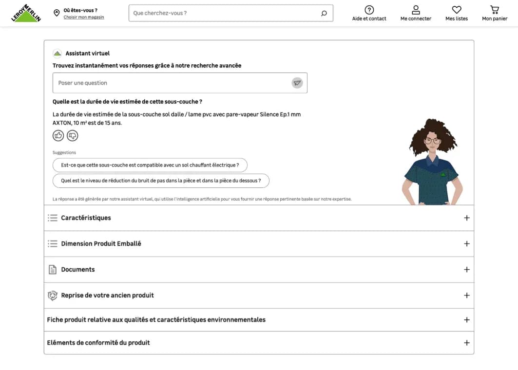 Virtual assistant integrated into a Leroy Merlin product page, answering a question about a product